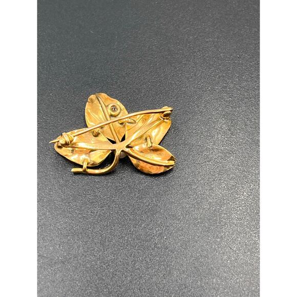 Art Nouveau 1900, 14k Yellow Gold Green Enamel Clover Seed Pearl Diamond Brooch - Picture 4 of 8